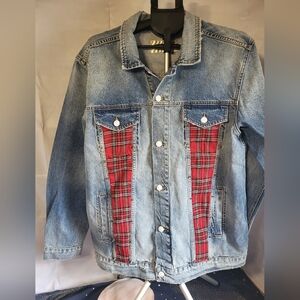 Denim Jacket with Red Plaid Accents